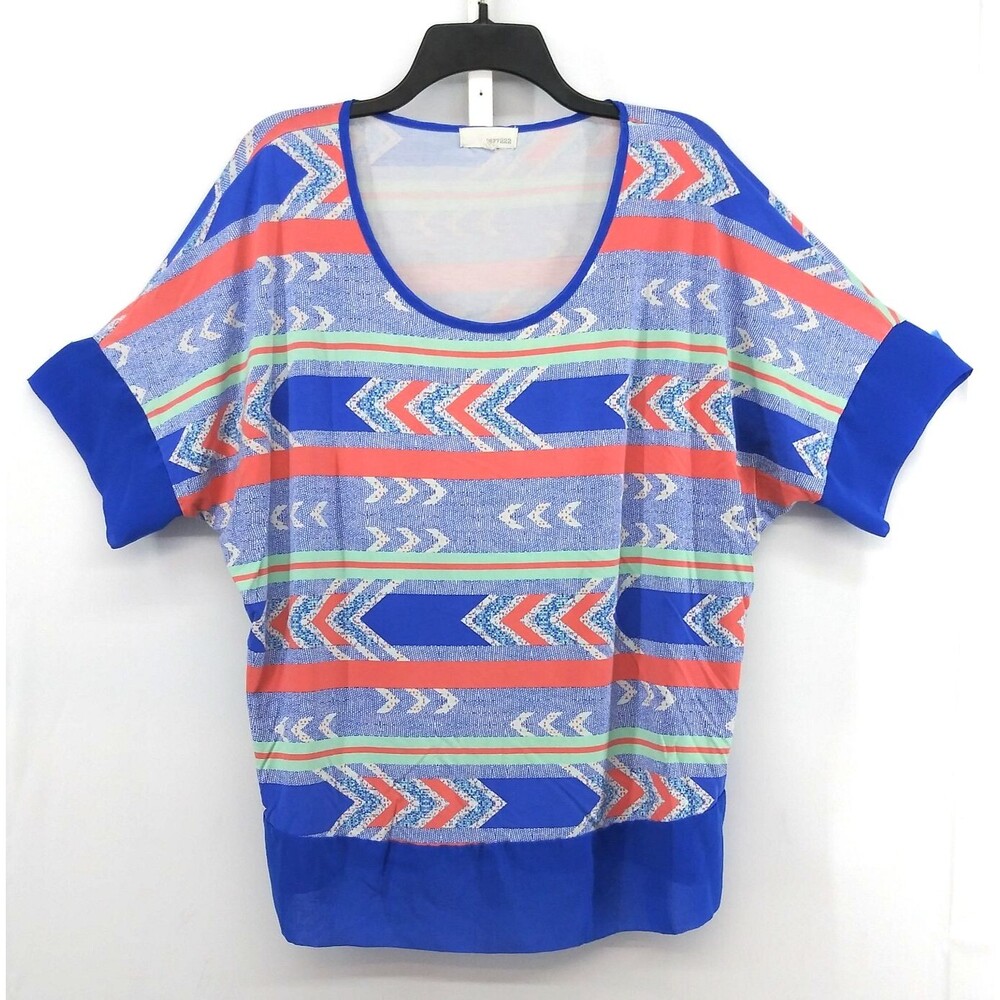 Dept 222 Blouse Women Plus Size 1X Blue Tribal Print Short Sleeve Top